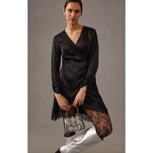 Anthropologie Lace Trimmed Wrap Dress Viscose Satin Long Sleeve Black XS NWT